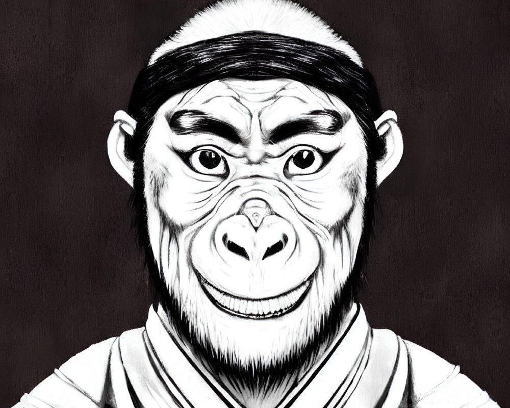 Monochrome illustration of gorilla in judo gi with focused expression