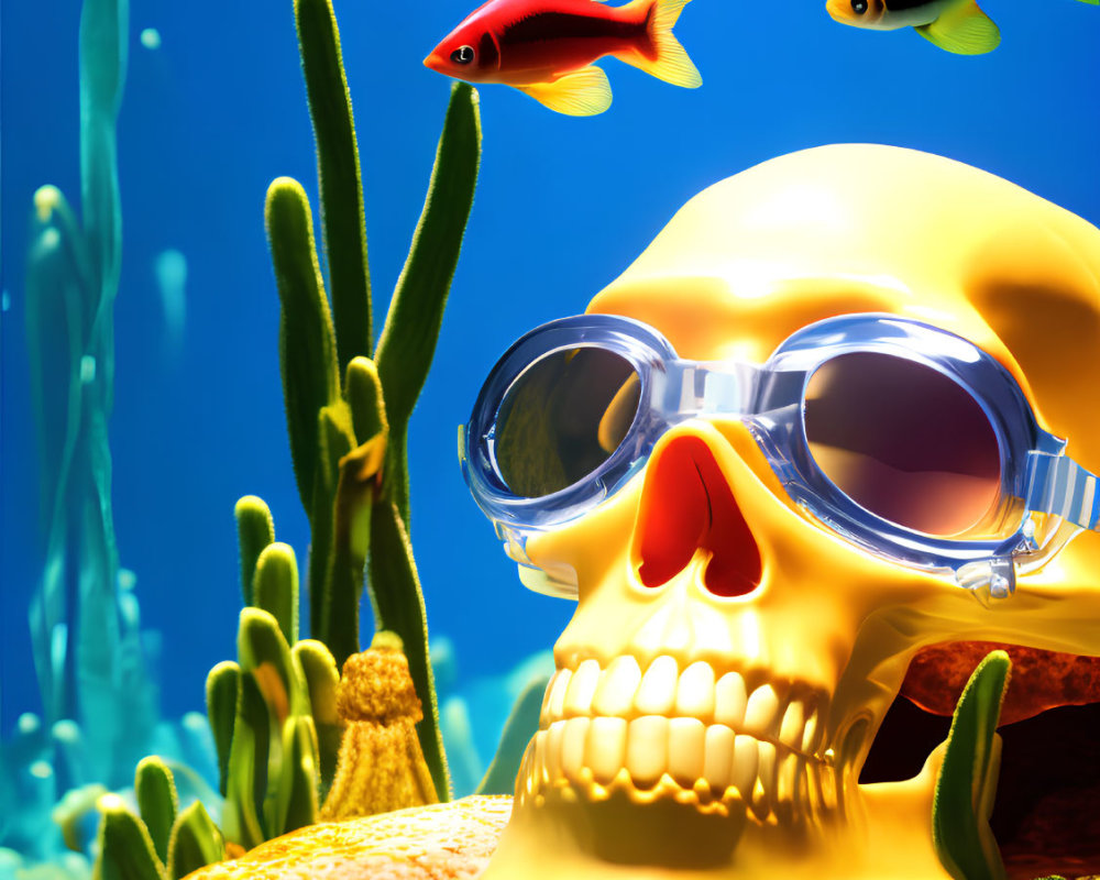 Submerged human skull with goggles, fish, and aquatic plants.
