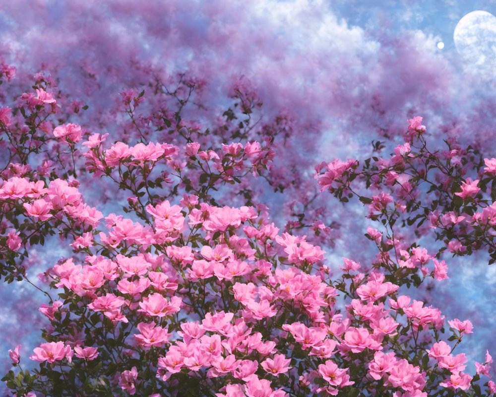 Pink Blossoms Branches Dreamy Blue Sky Moon Clouds