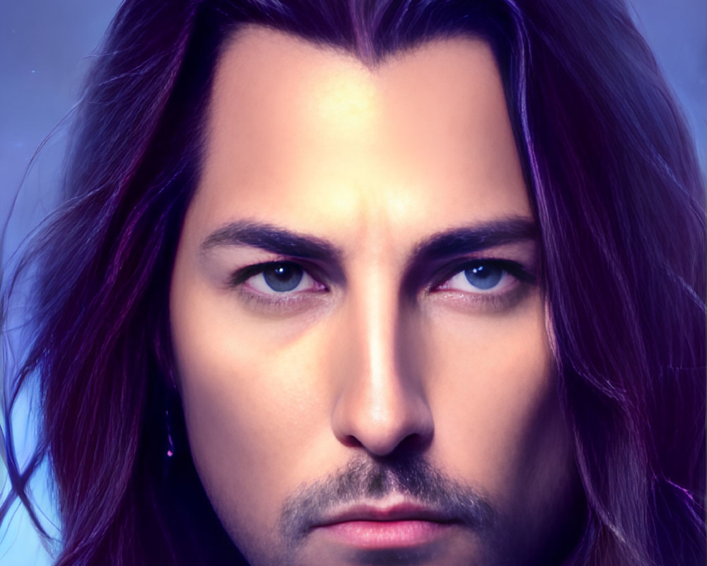 Man with Long Brown Hair in Digital Artwork on Purple Background