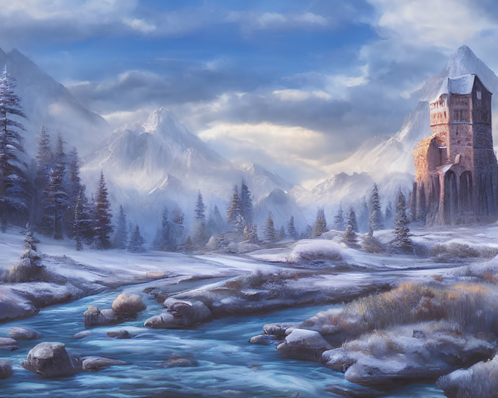 Winter landscape: river, snow-covered trees, tower, mountains, cloudy sky