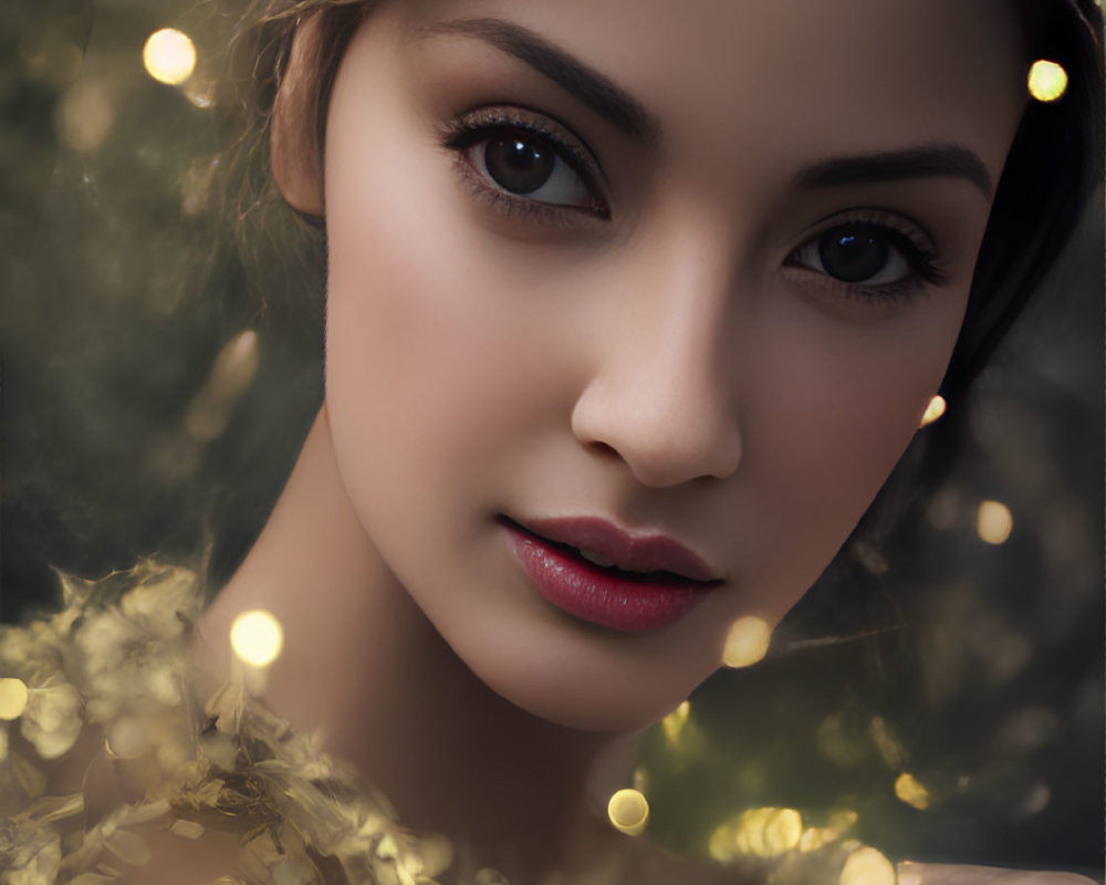 Detailed portrait of a woman with glowing lights and captivating gaze in soft ambiance
