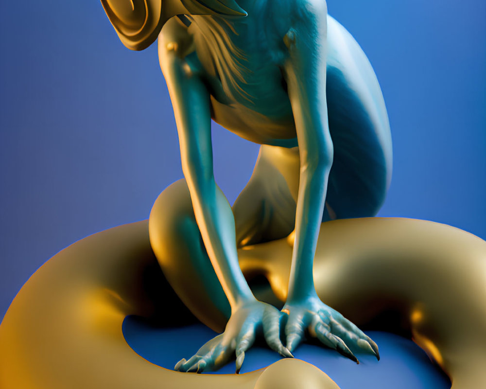 Surreal 3D illustration: Blue creature with large ears and eyes on golden loop
