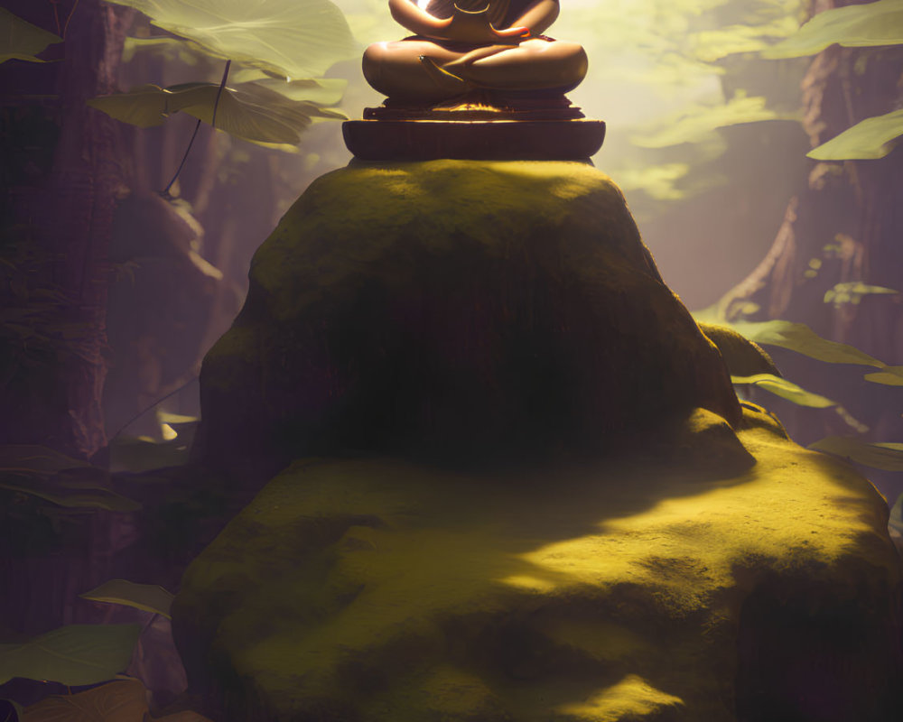 Tranquil Buddha statue on mossy rock in sunlit forest