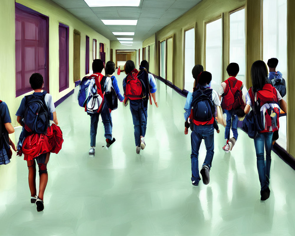 School Children Walking Down Bright Corridor After School