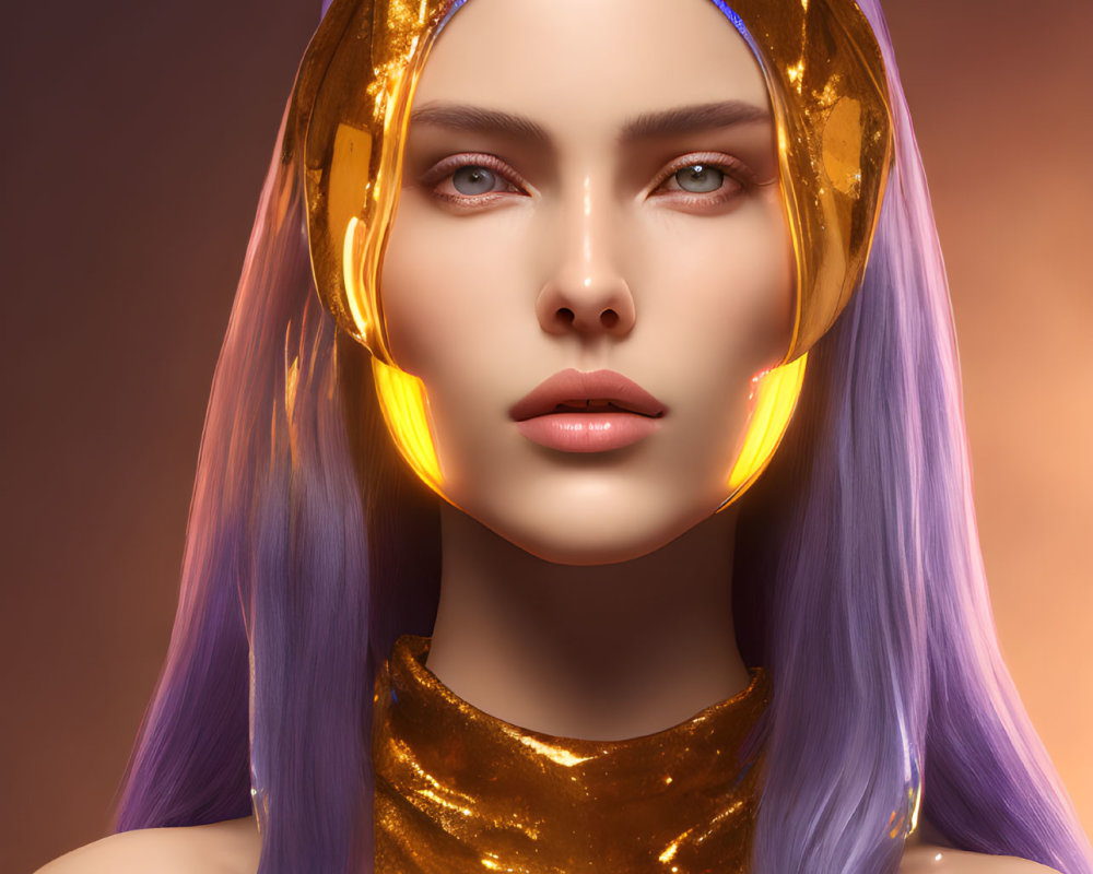 Female 3D Model in Golden Headgear and Purple Hair