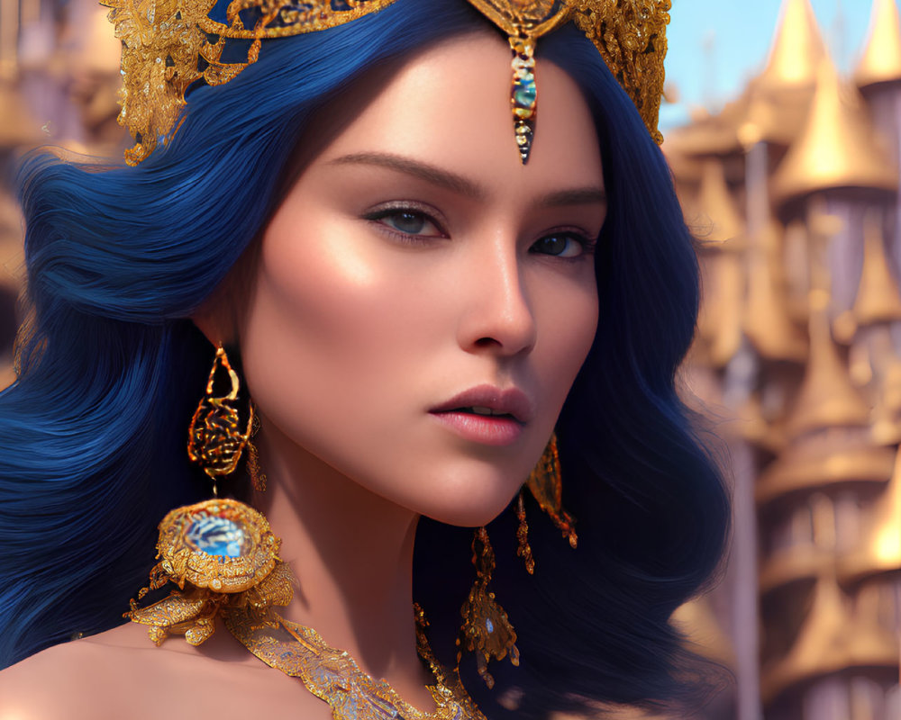 Woman with Vibrant Blue Hair and Gold Crown in Front of Golden Spires