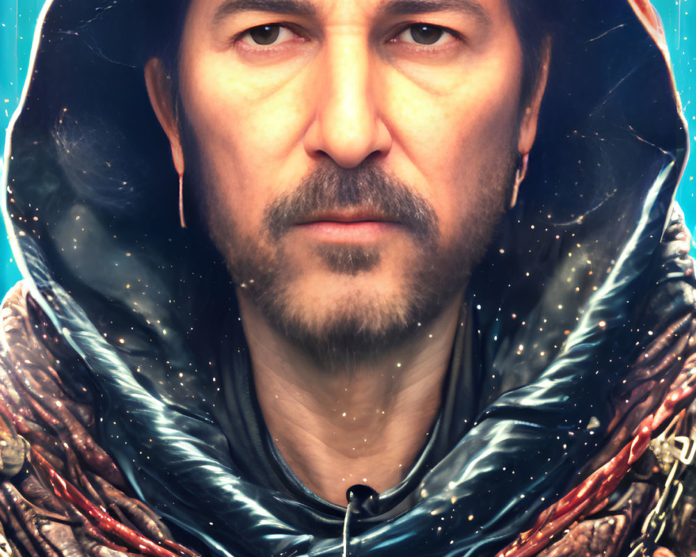 Digital portrait of a man in red hood and armor against cosmic backdrop