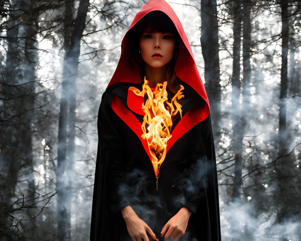 Person in red hooded cloak with flames in mystical forest