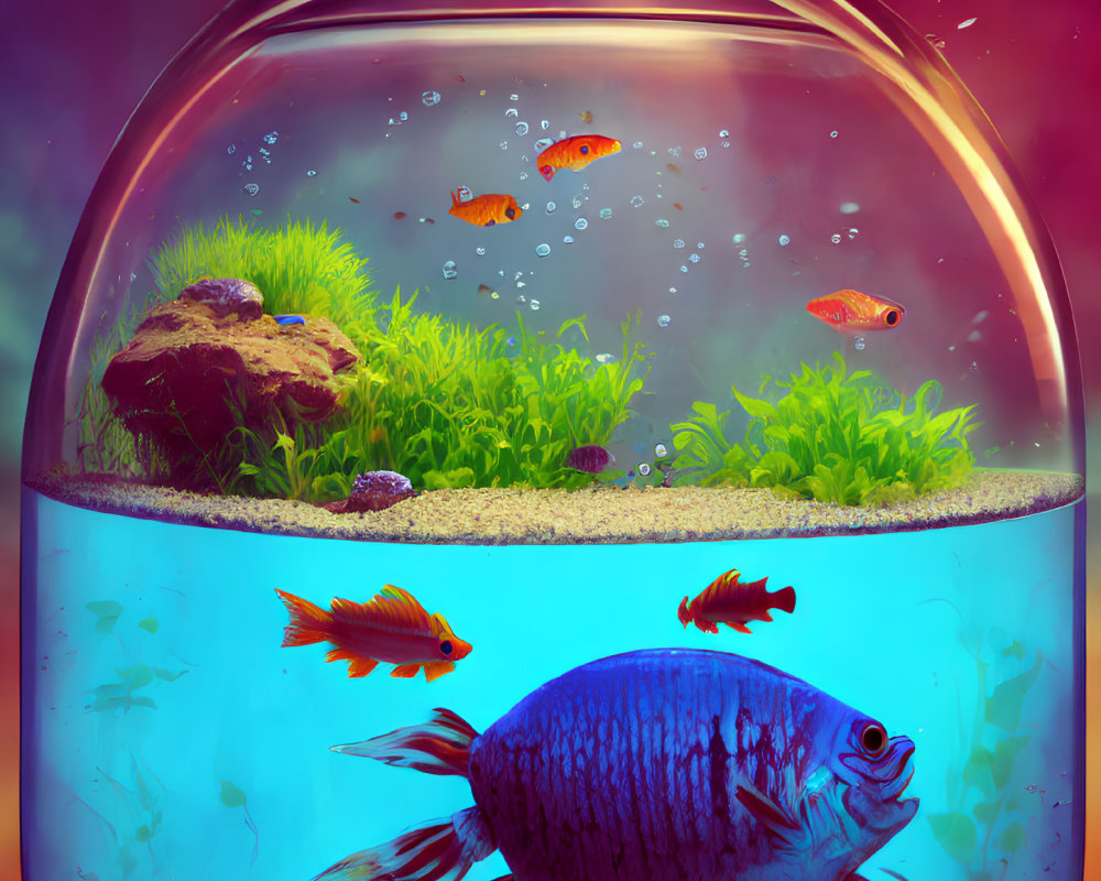 Colorful digital artwork: Large fish gazes into fishbowl with smaller fish and plants.