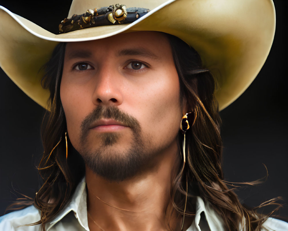 Long-haired man in cowboy hat, white shirt, hoop earrings pose on dark background