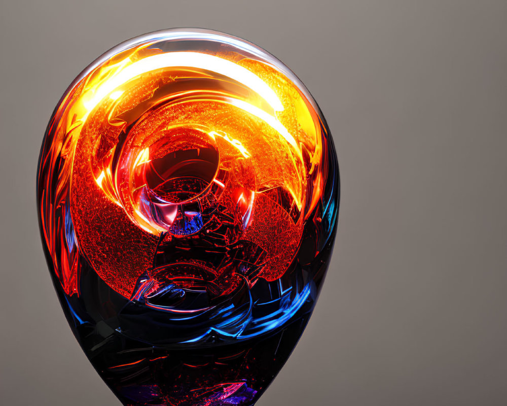 Colorful Glass Paperweight with Swirling Orange and Blue Patterns