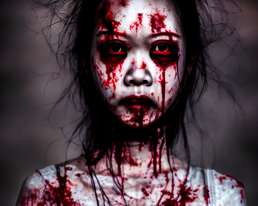 Person with disheveled hair and blood-covered face in haunting horror theme