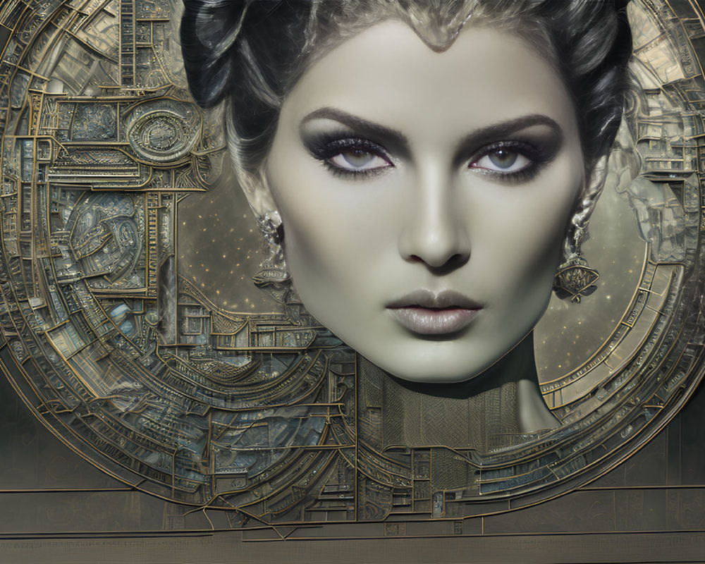 Detailed Sci-Fi Jewelry on Woman Portrait with Mechanical Background