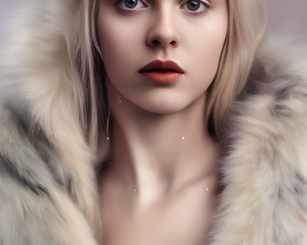 Platinum blonde hair, red lips portrait in white fur coat on soft purple background