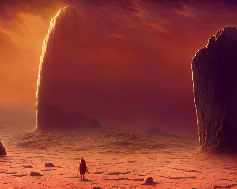 Cloaked figure on barren landscape with red sky