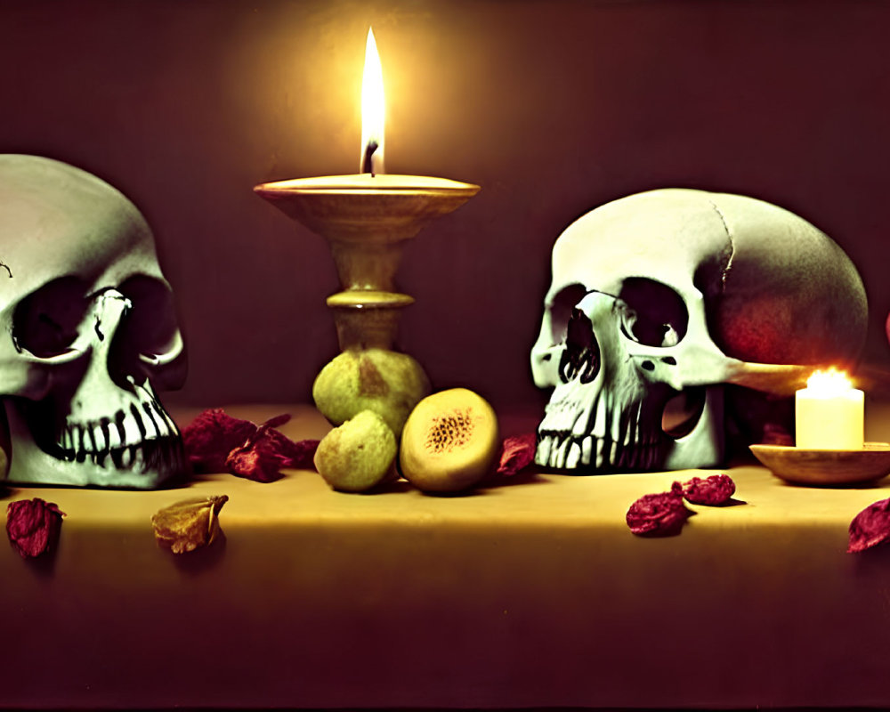 Human skulls, fruit, petals, and candles on a table in a dramatic scene