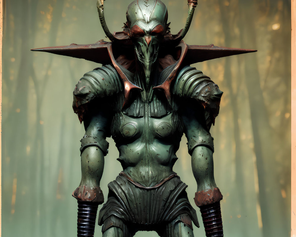 Fantasy warrior in green armor against misty forest backdrop