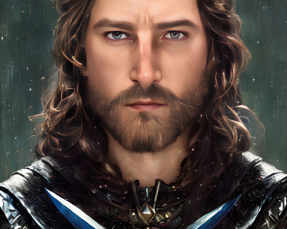 Medieval knight digital artwork with long brown hair and ornate armor