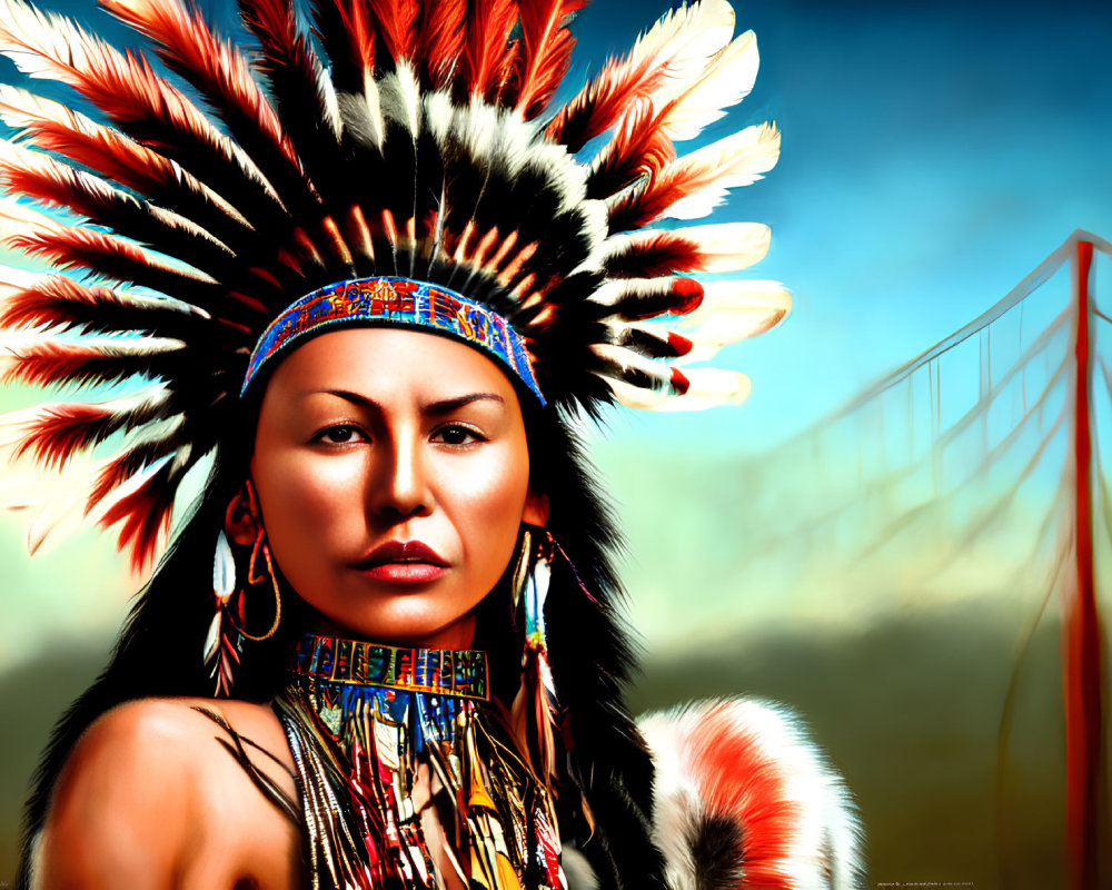 Digital artwork: Person in Native American headdress with Golden Gate Bridge in background.