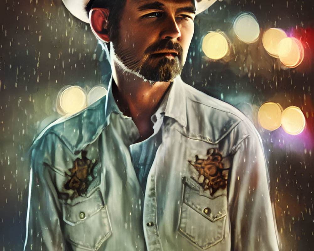 Stylized portrait of man in cowboy hat with bokeh light and raindrops