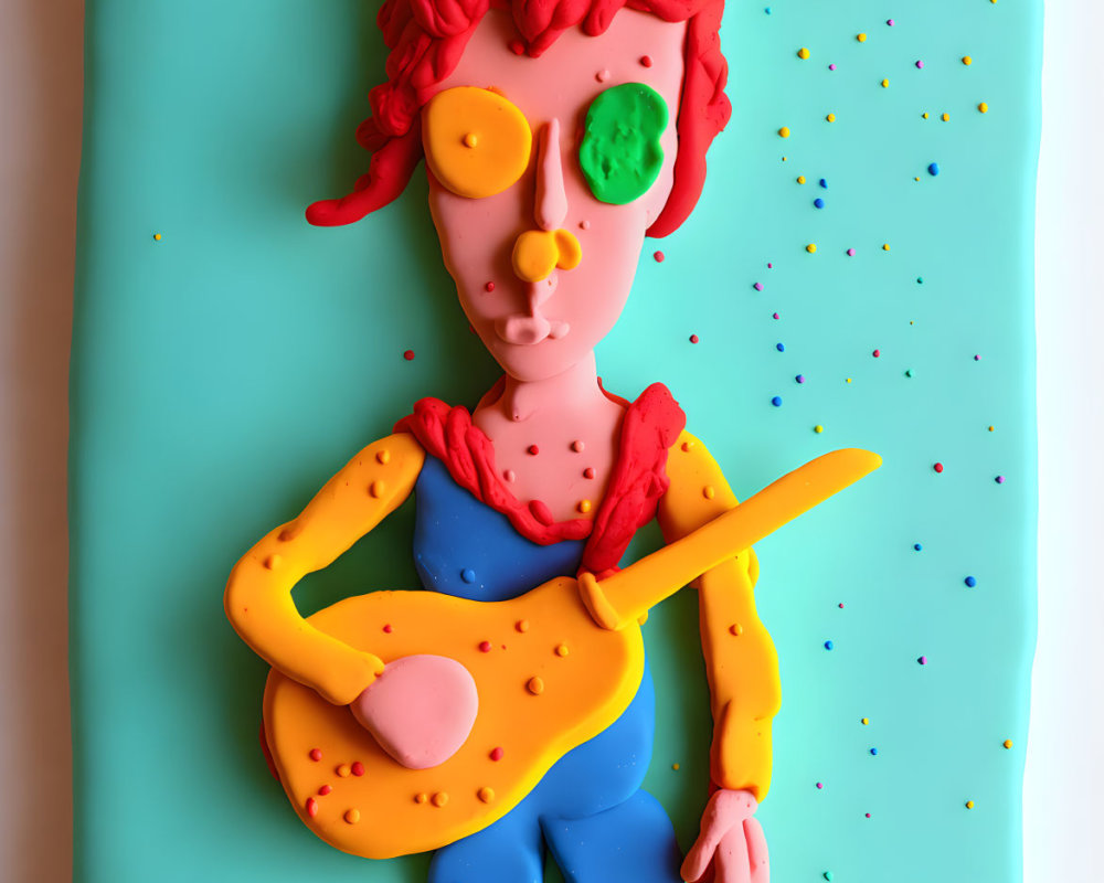 Colorful Clay Model of Person with Red Hair, Green Glasses, Yellow Guitar on Teal Background