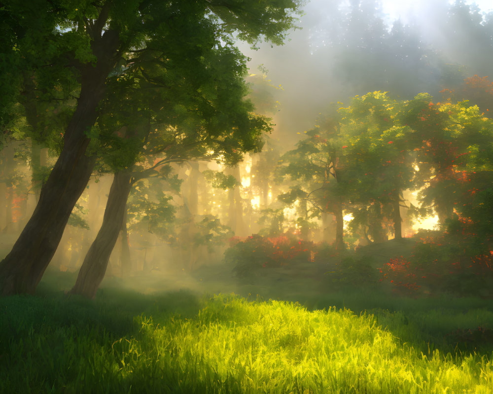 Misty forest with vibrant green grass and lush trees
