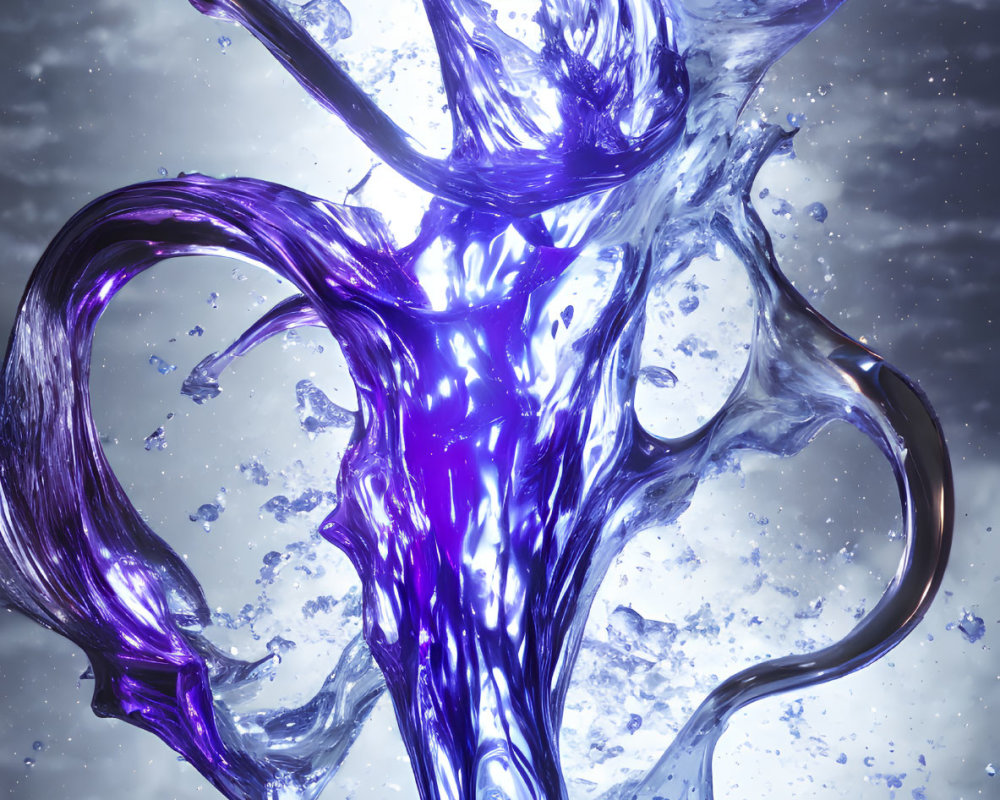 Vibrant purple liquid splashing with suspended droplets on shimmering background