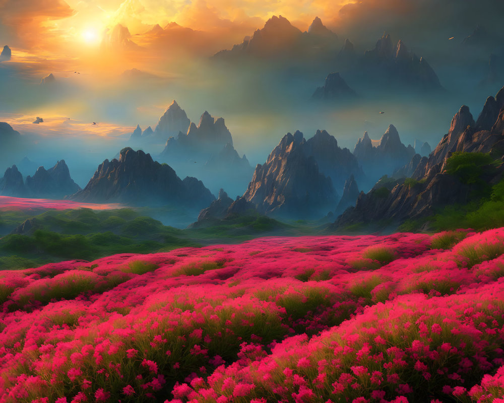 Scenic landscape: pink flower field, rocky peaks, warm sunset