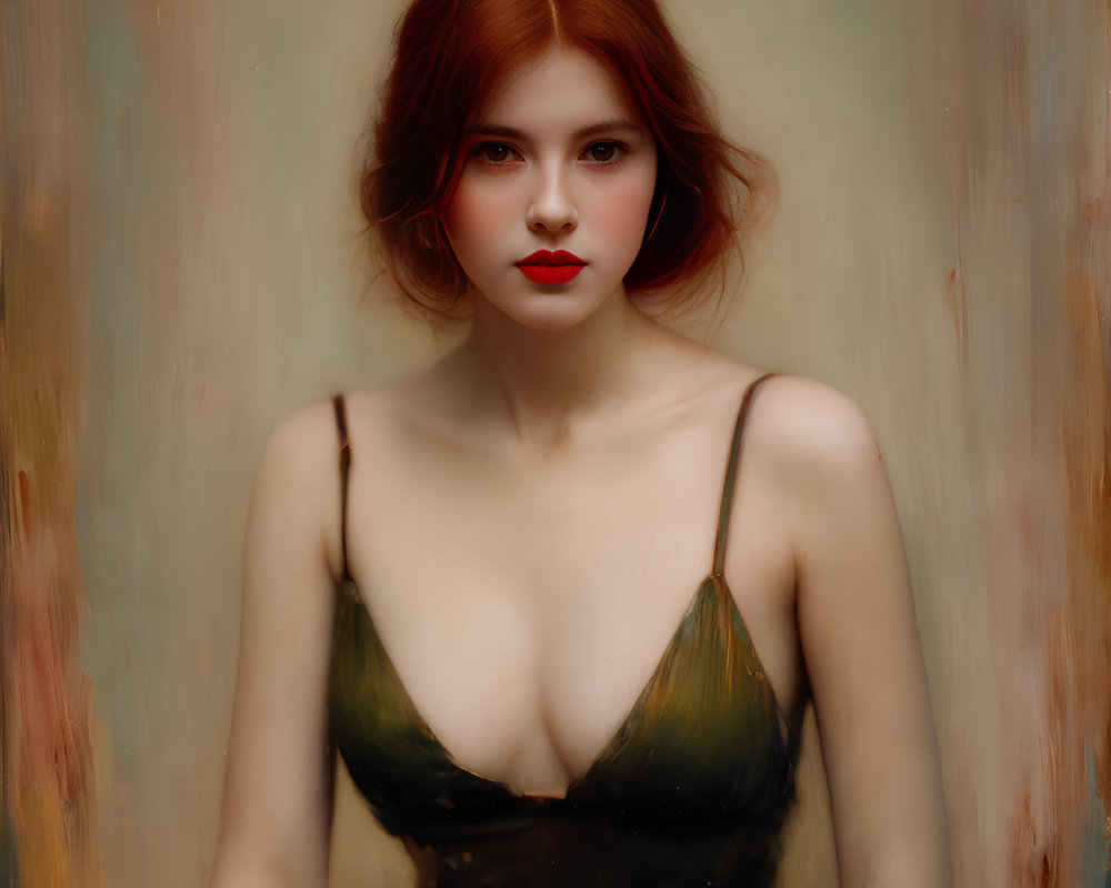 Portrait of Woman with Auburn Hair and Red Lips in Green Slip Dress