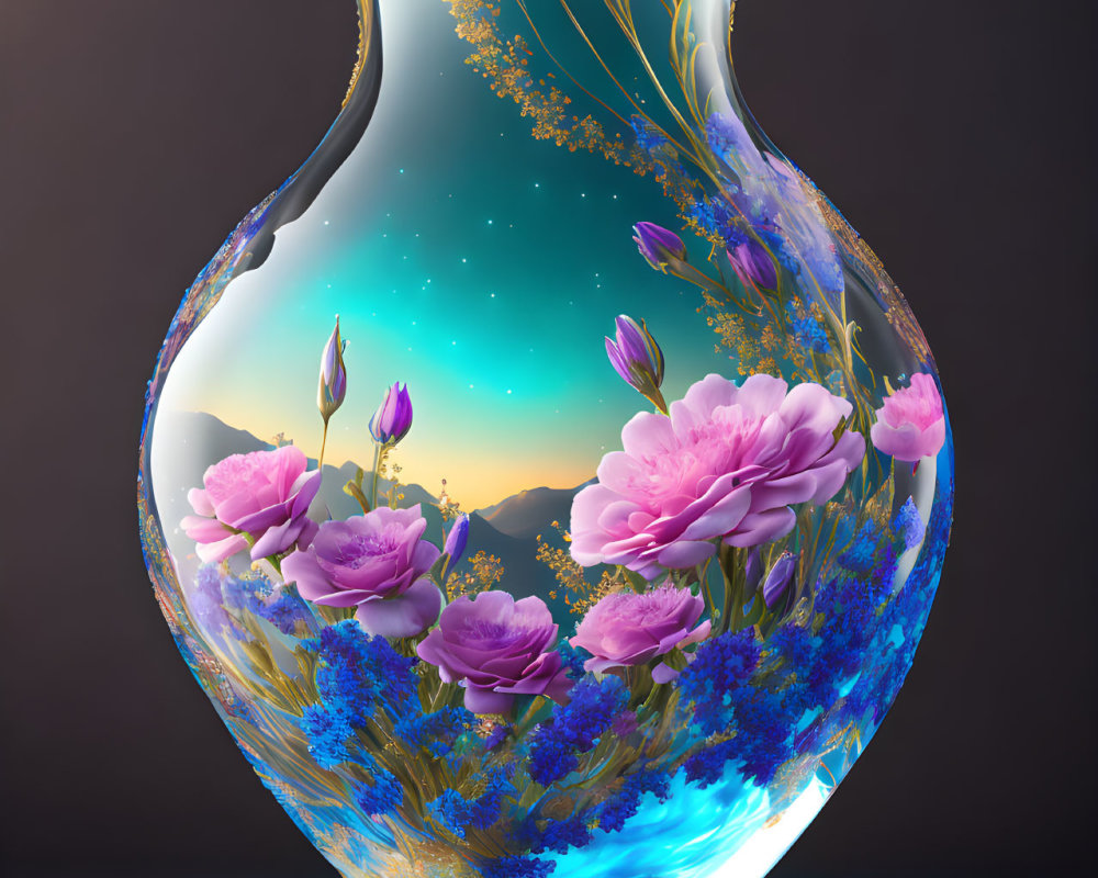 Reflective ornate vase with purple flowers, golden branches, and starry sky in soft glow