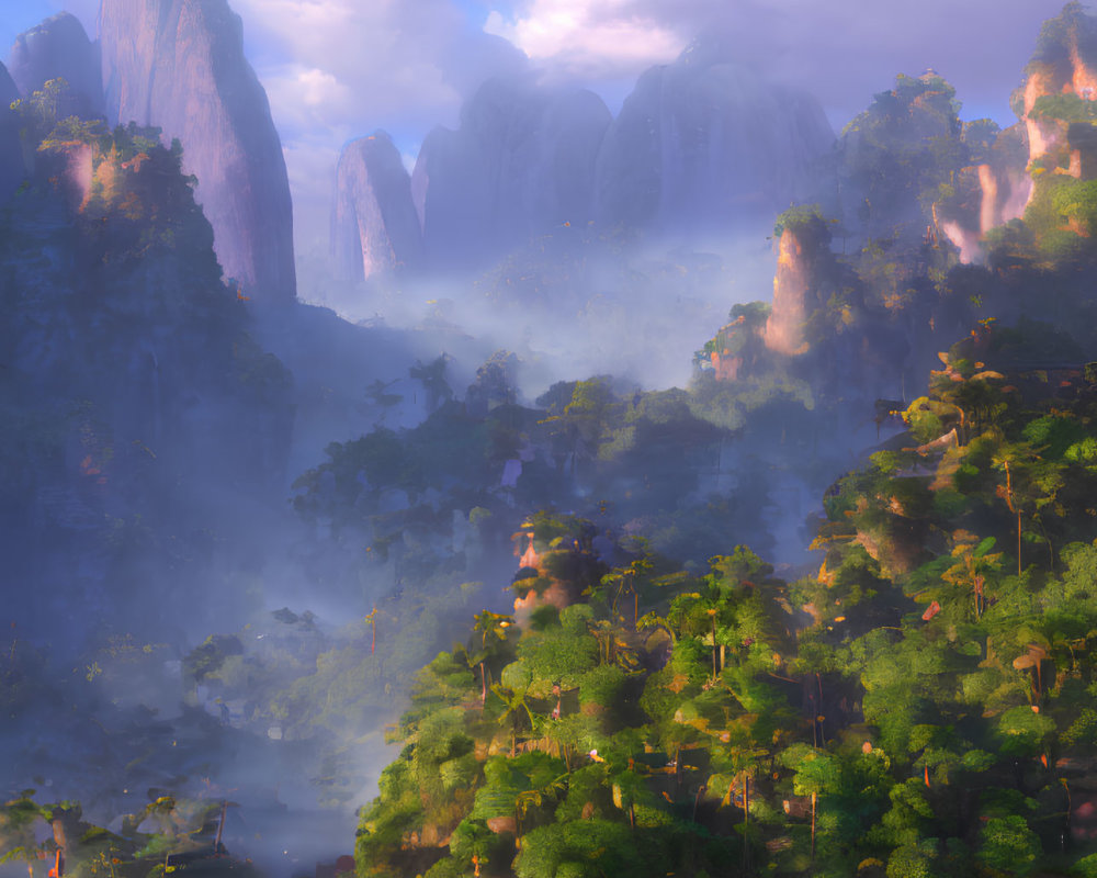 Mystical forest with towering rock formations and ethereal sunlight
