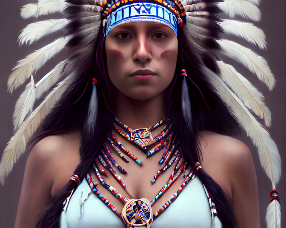 Native American woman in traditional attire with headdress and necklaces on grey background