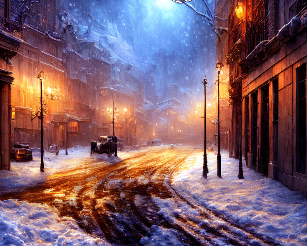 Snowy Twilight Cobblestone Street with Old Buildings and Street Lamps