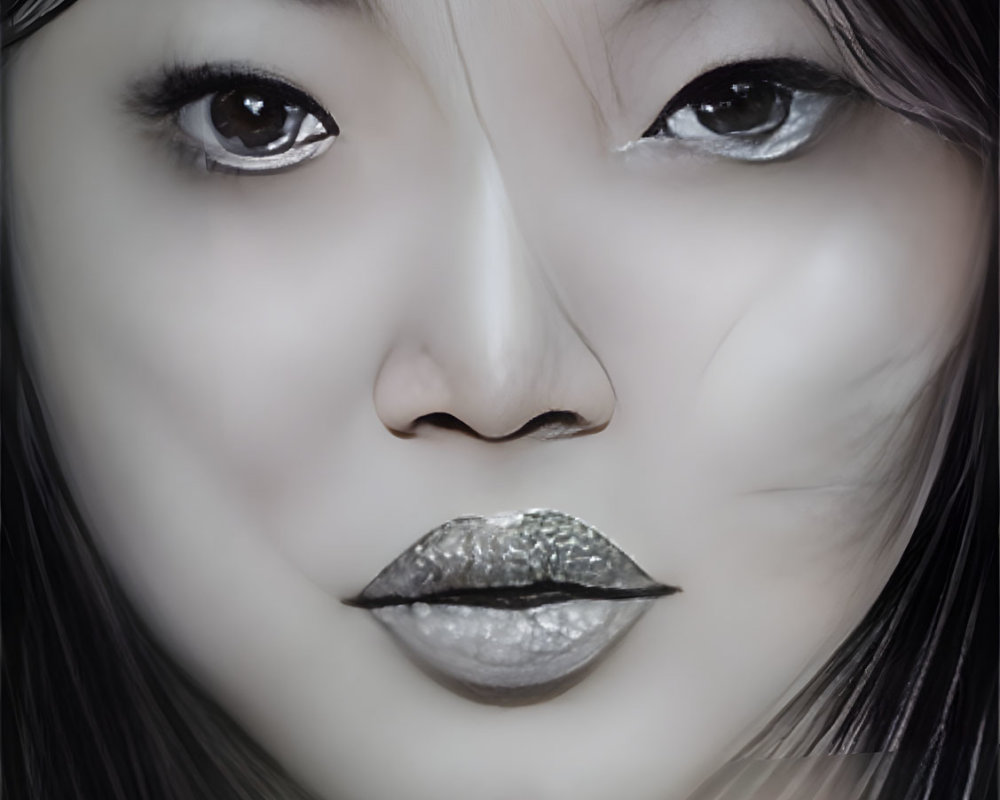 Woman with Glittery Lips and Intense Gaze Close-Up