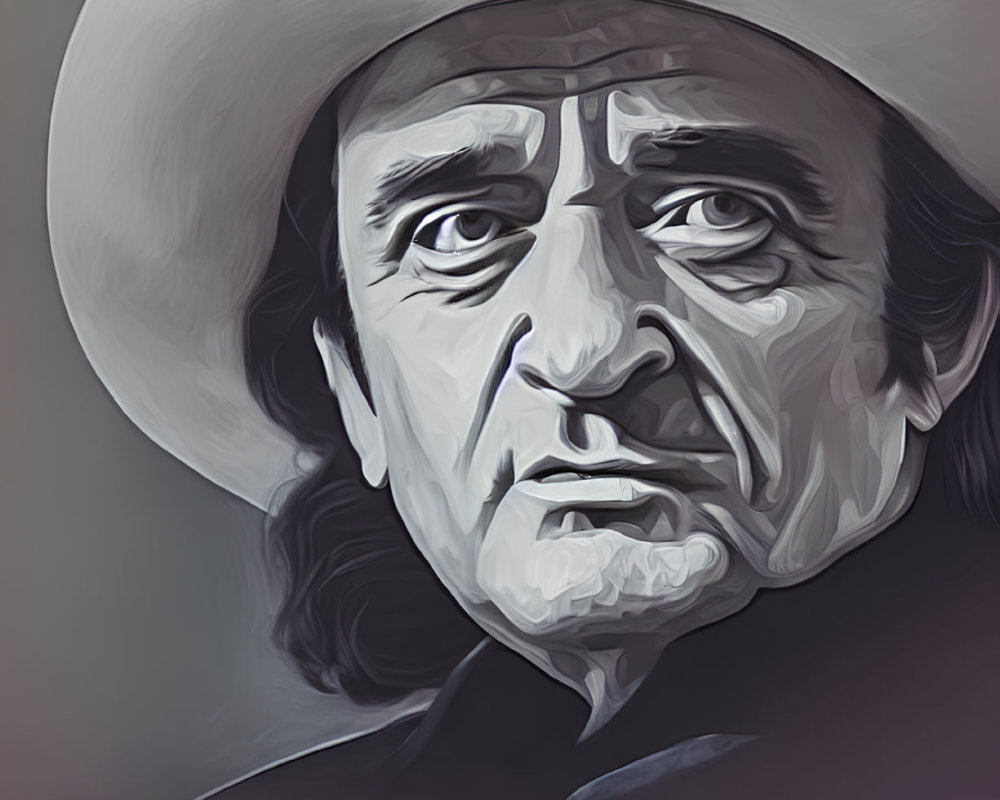 Man in white cowboy hat with solemn expression in digital artwork