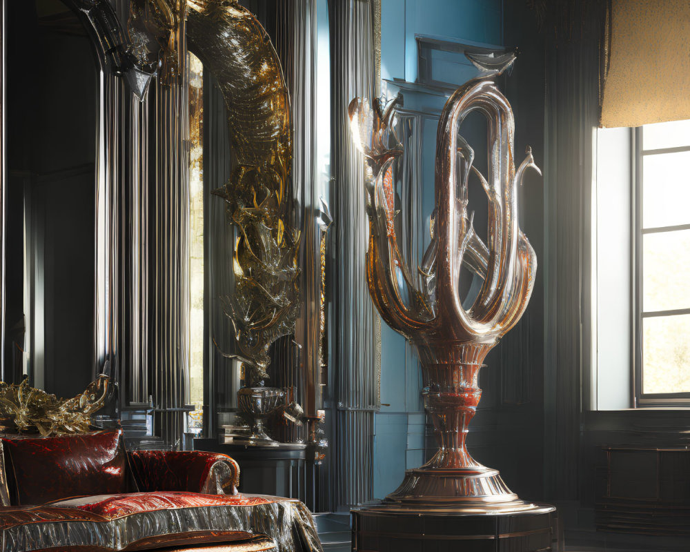 Luxurious Dark Room with Metallic Vase, Reflective Art, Plush Seating