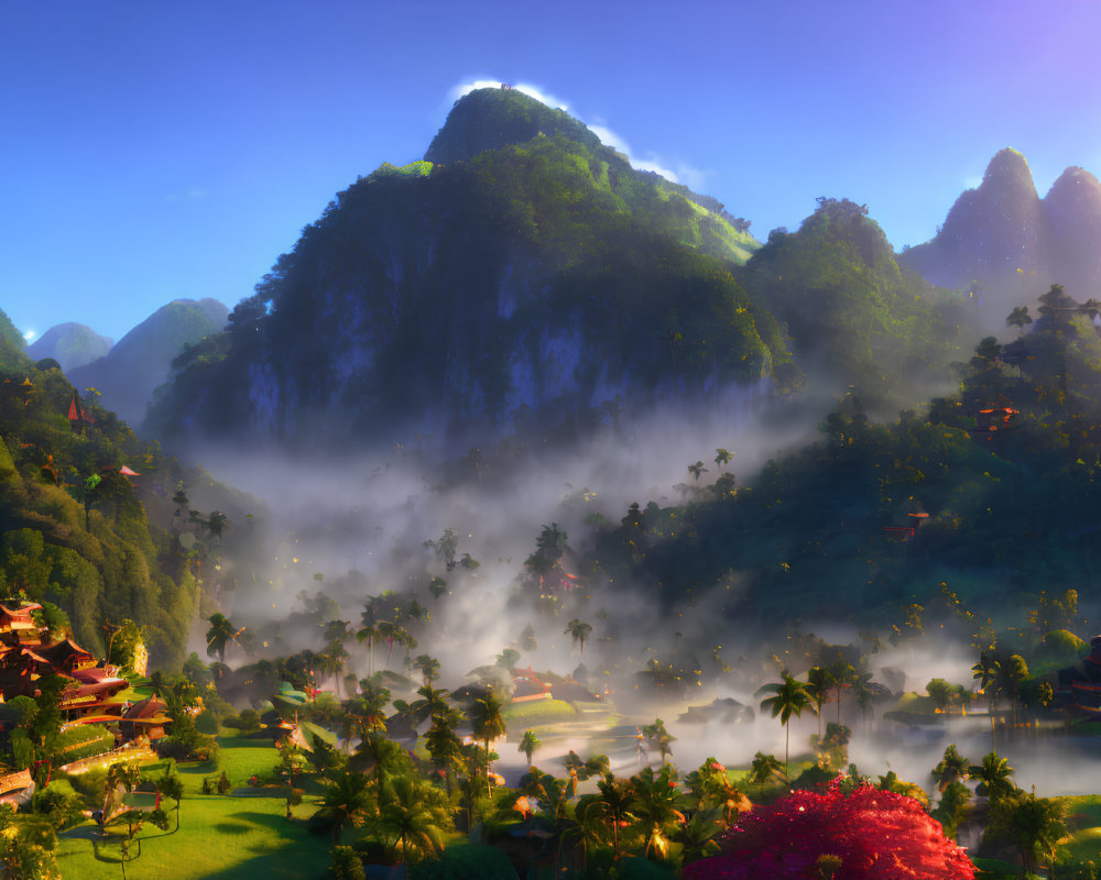 Misty mountains, verdant trees, and traditional village in serene landscape