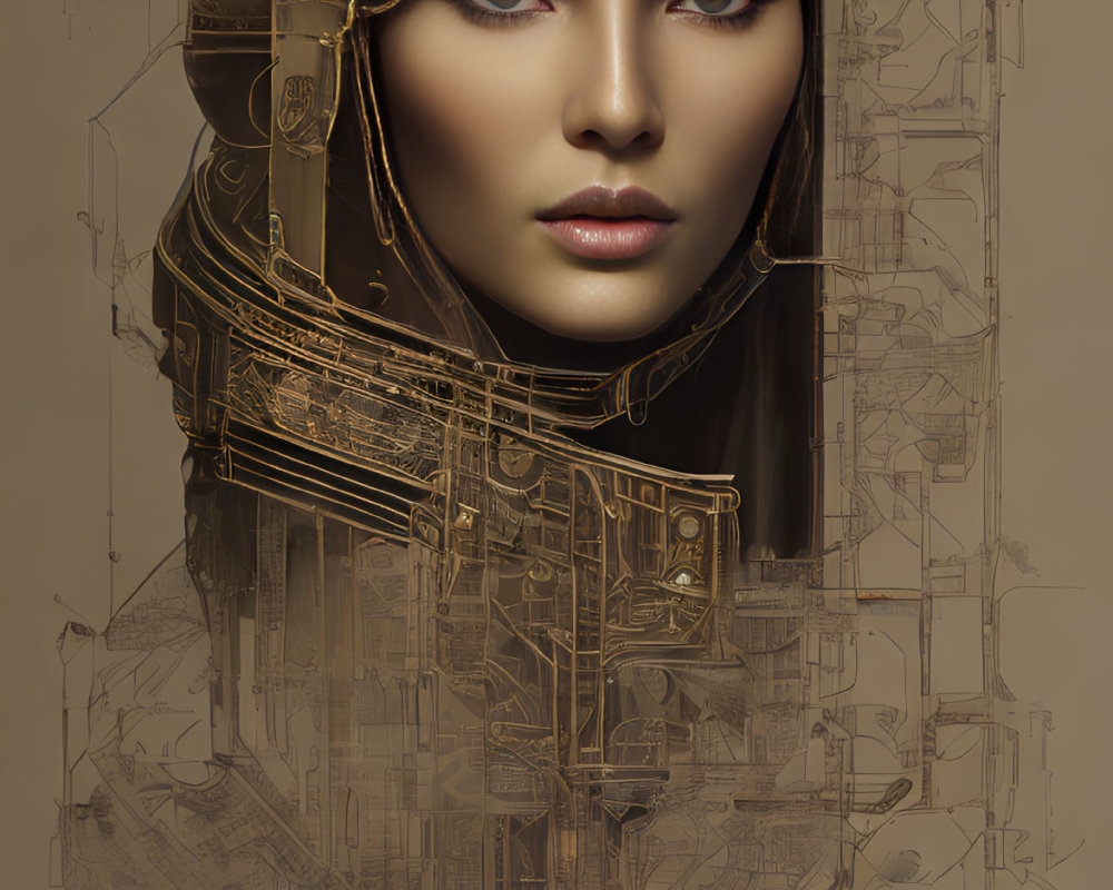 Digital artwork: Woman's portrait with golden mechanical elements on beige background