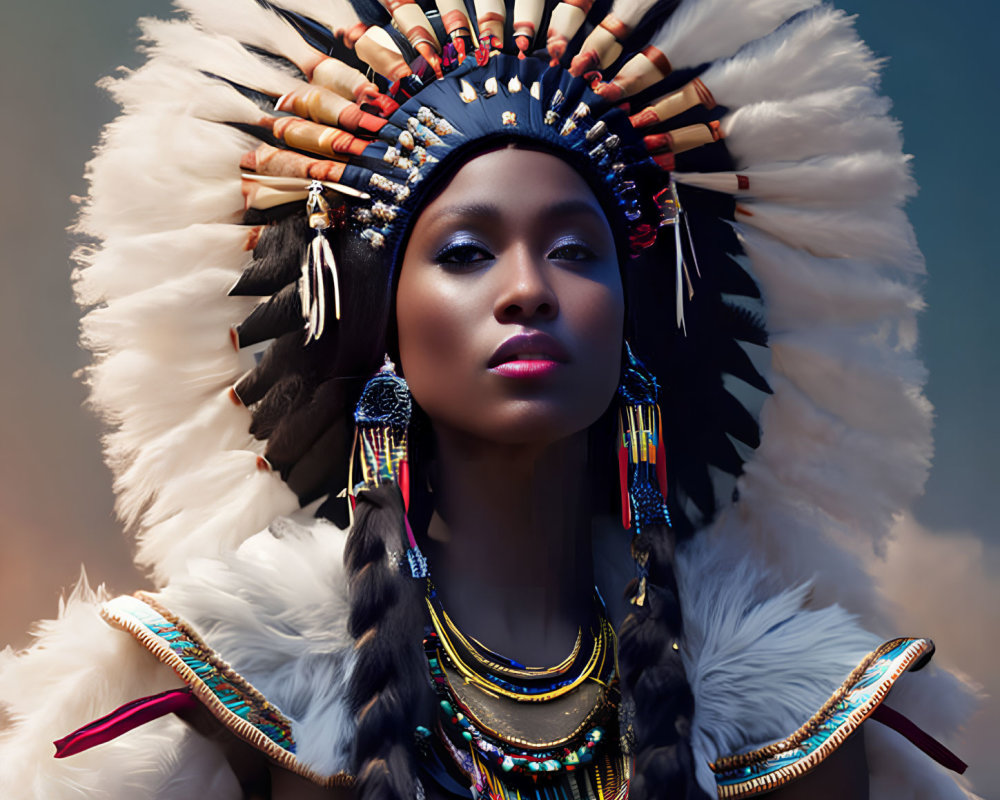 Woman in Native American headdress with feathers and tribal jewelry against twilight backdrop