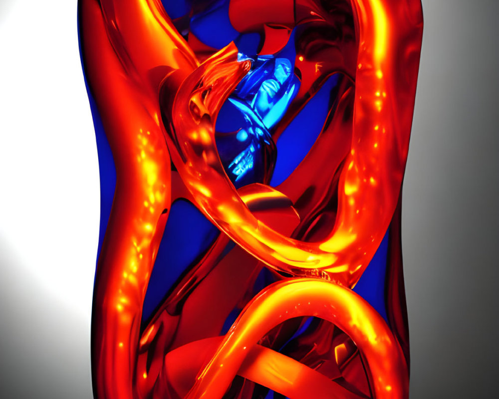 Glossy sculpture with red and blue swirls on pedestal