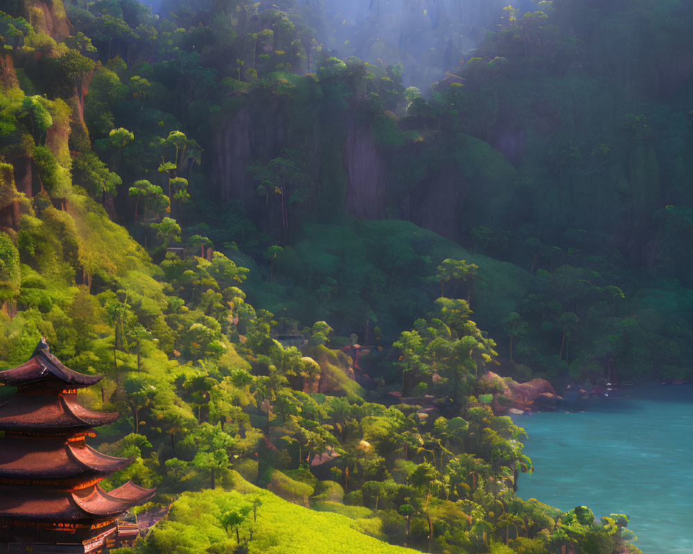 Traditional pagoda in lush green hills under radiant sunrays in serene landscape