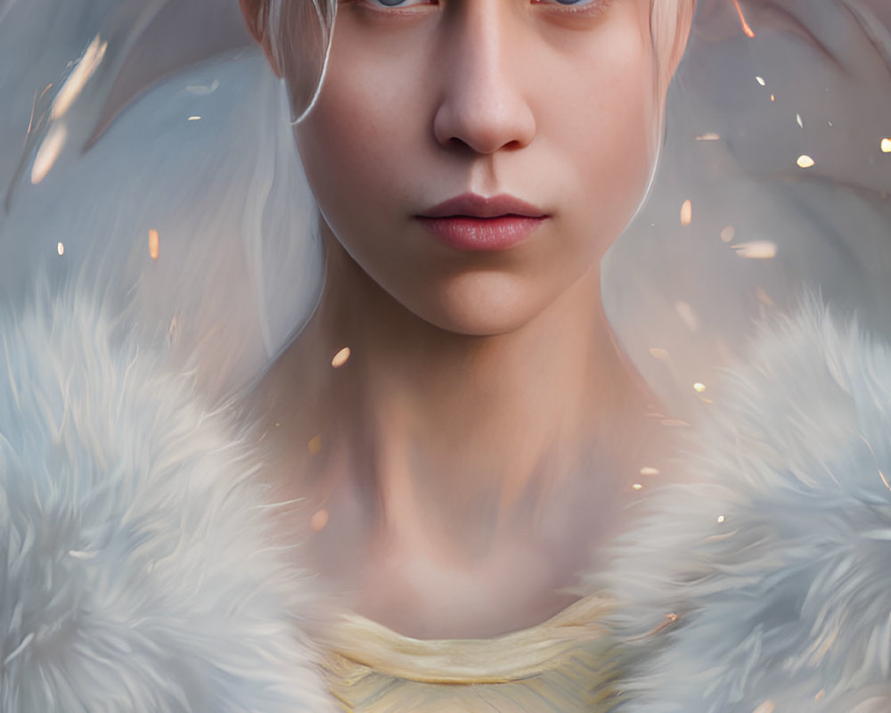 Portrait of Person with White Hair, Blue Eyes, Fur Coat, and Gold Armor in Glowing Lights