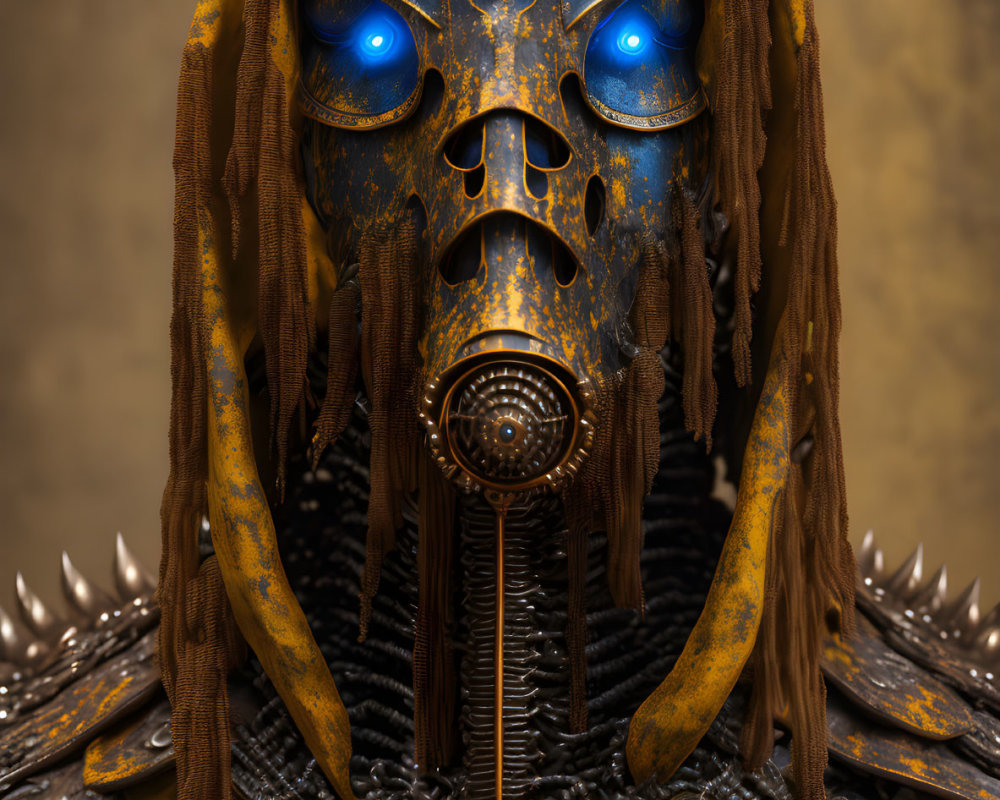 Detailed humanoid robotic figure with glowing blue eyes and metal plates, spikes, brown fabric.