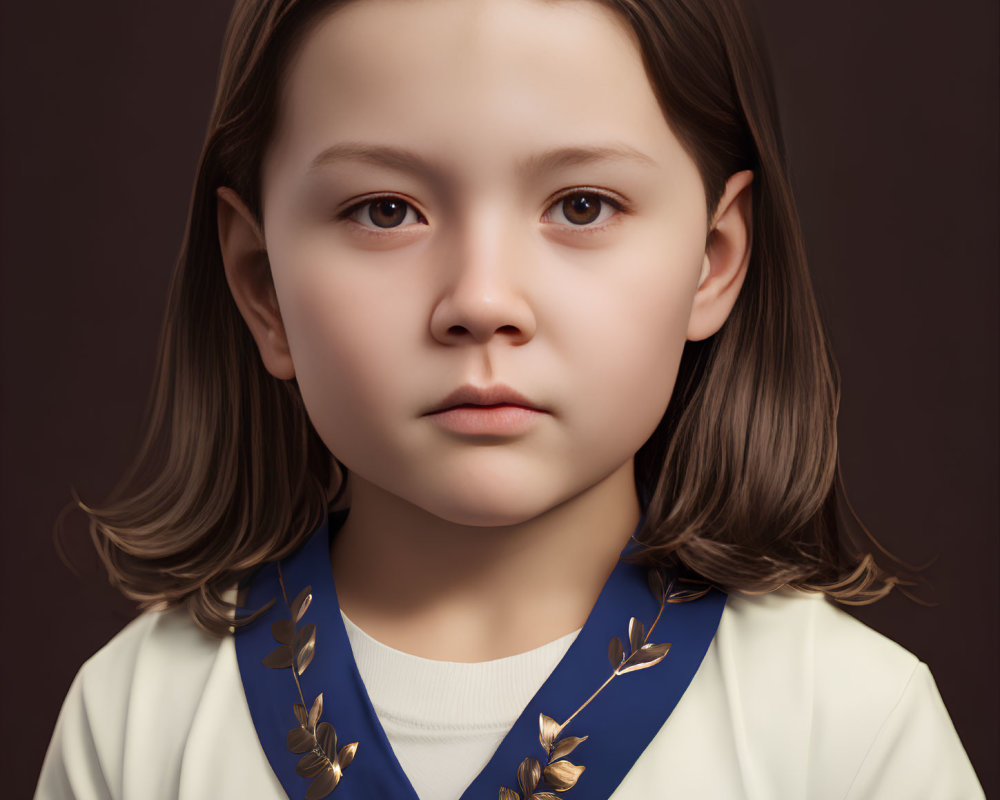 Digital portrait of young girl with medium-length hair in white top and blue scarf with golden laurel-like