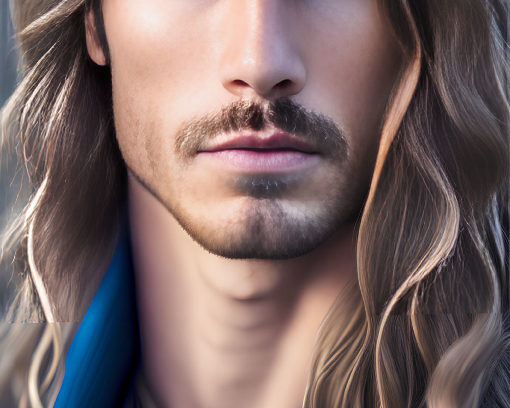 Portrait of a man with blue eyes, long hair, mustache, and goatee