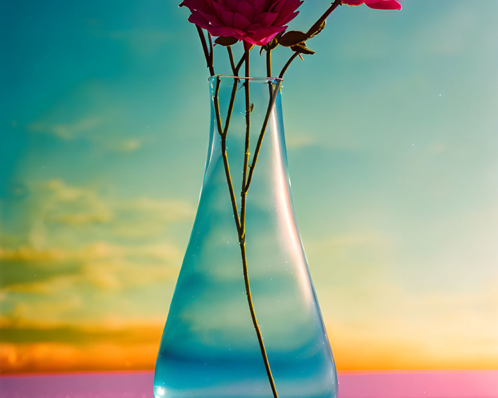 Pink Roses in Teardrop Vase on Sunset Sky Background