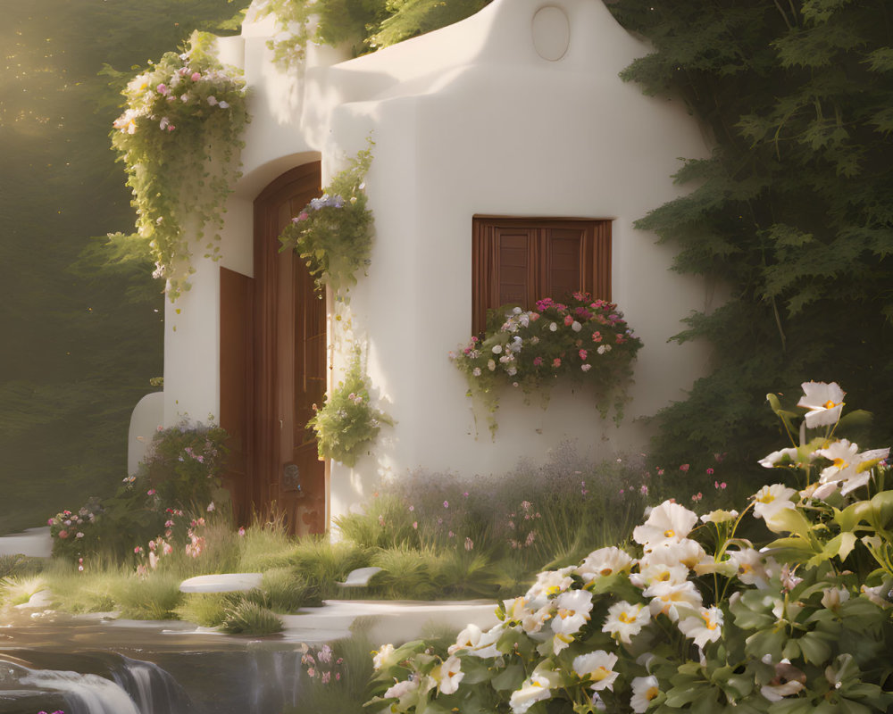 White cottage with rounded door in lush garden with waterfall