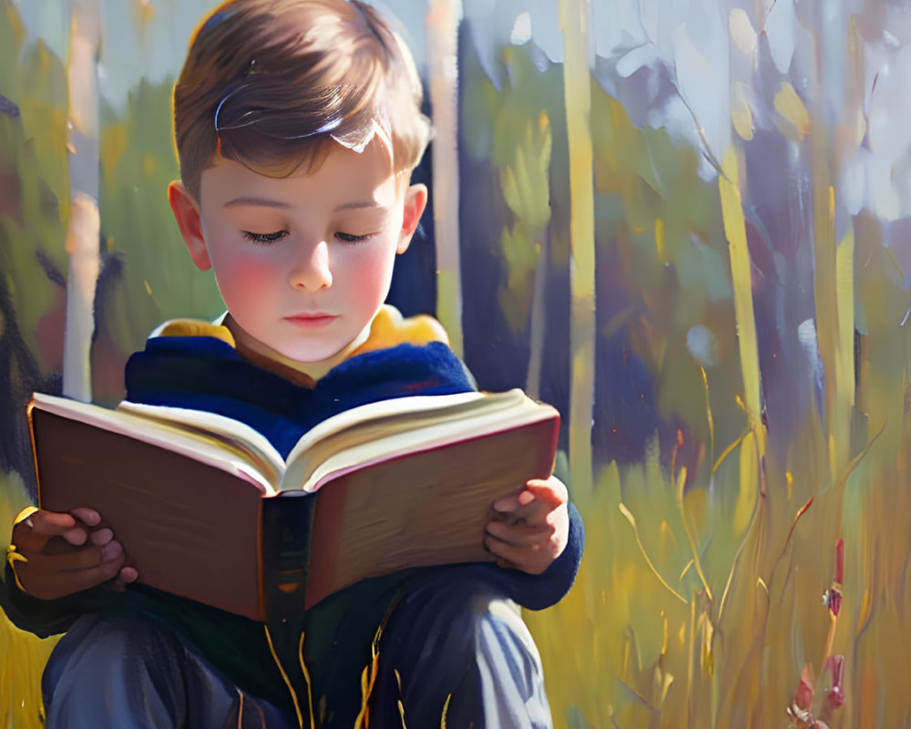 Young boy reading book in sunlit forest clearing