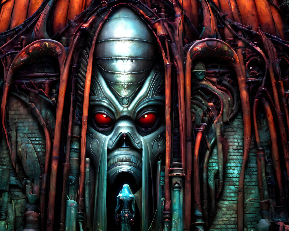 Mysterious alien structure with glowing red eyes and biomechanical design